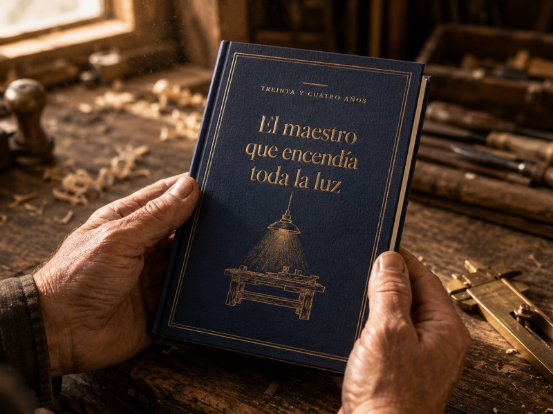 Ejemplar en tapa dura de «El maestro que encendía toda la luz», sostenido por unas manos en un taller de carpintería